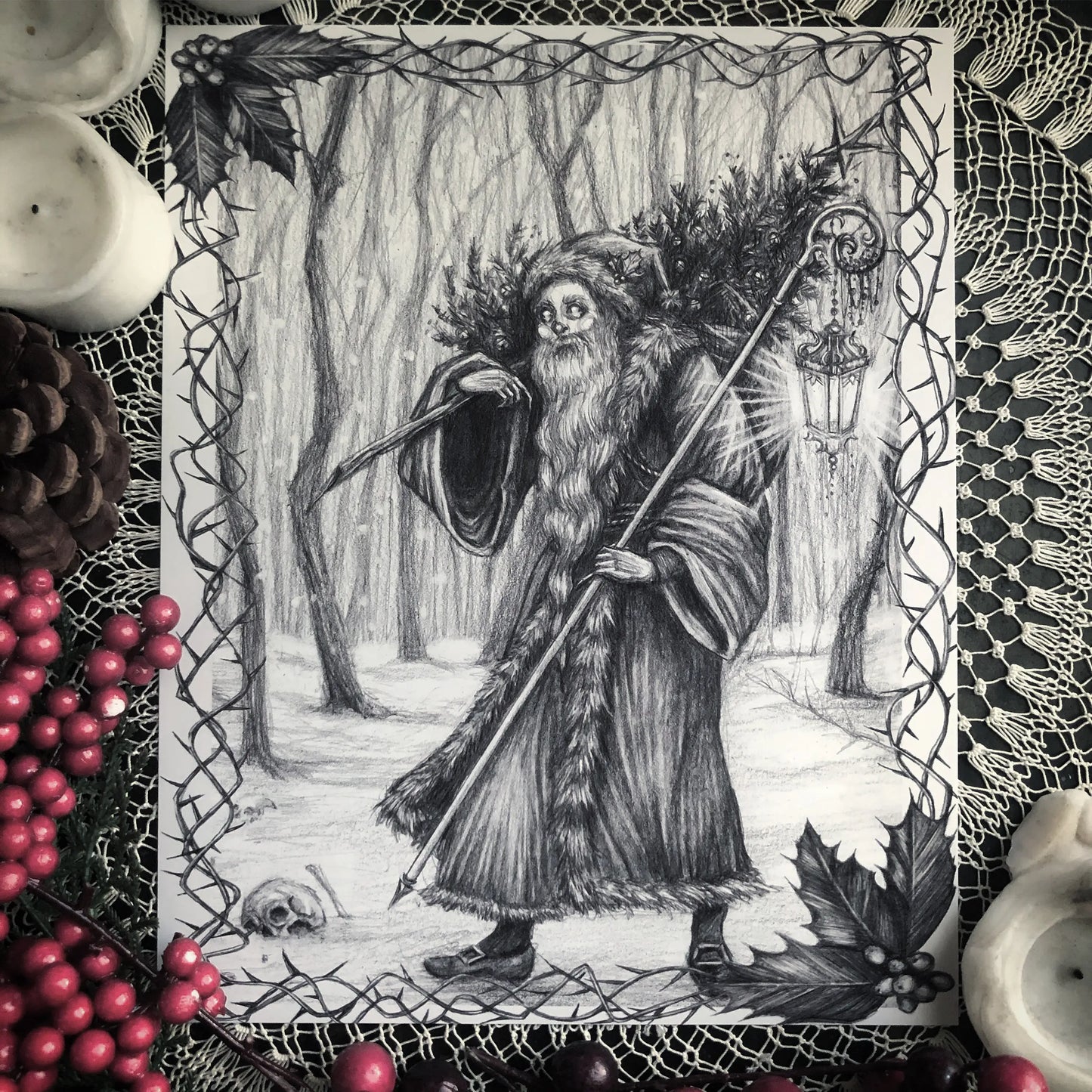 Season's Creepings Fine Art Print - Creepy Santa - Christmas 8x10" by Caitlin McCarthy