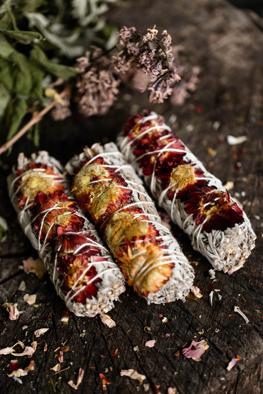 Organic White Sage & Purple Sunflower Herbal Bundle for radiating positivity, success, warmth, vitality, harvest sabbats