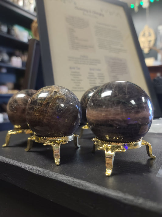 Black Moonstone Spheres with Gold Stand