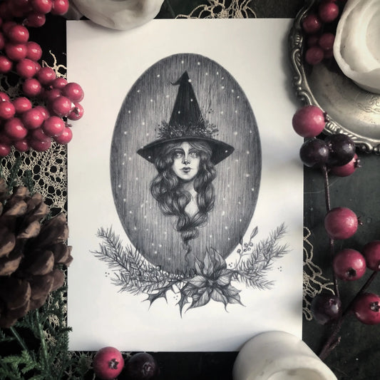 Yule Witch Fine Art Print - Victorian Winter Witch - Snow 5x7" by Caitlin McCarthy