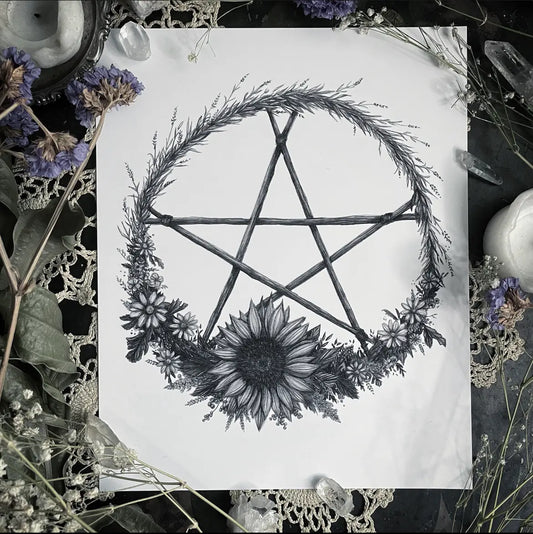 Summer Solstice Wreath Fine Art Print - Litha Pentacle 8x10" by Caitlin McCarthy