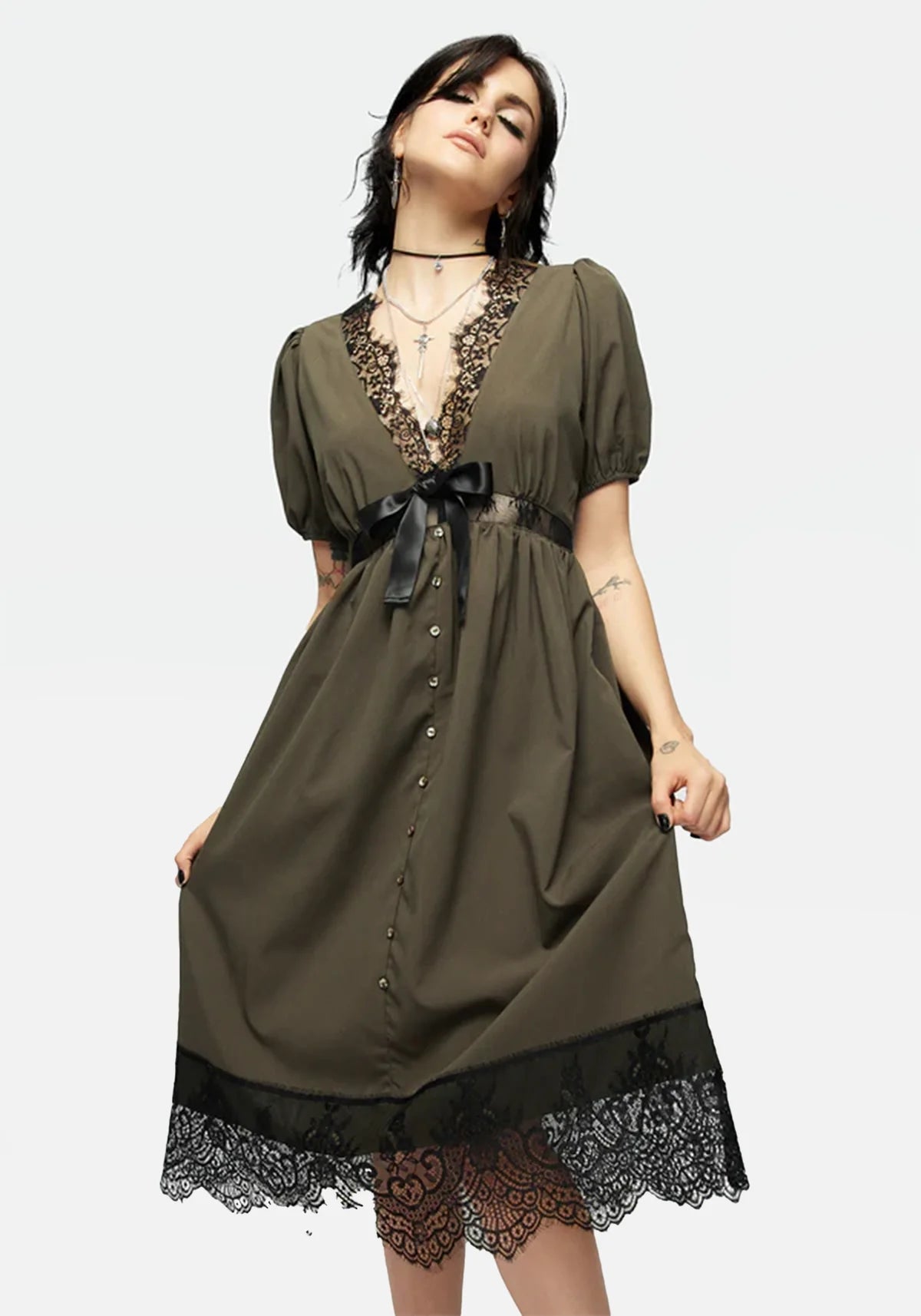 Mortuary Lace Button Up Midi Dress in Tea Leaf (Size US 8)