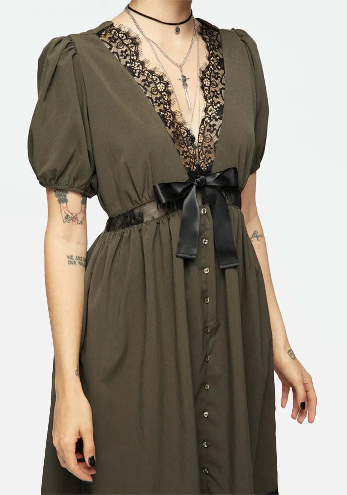 Mortuary Lace Button Up Midi Dress in Tea Leaf (Size US 8)