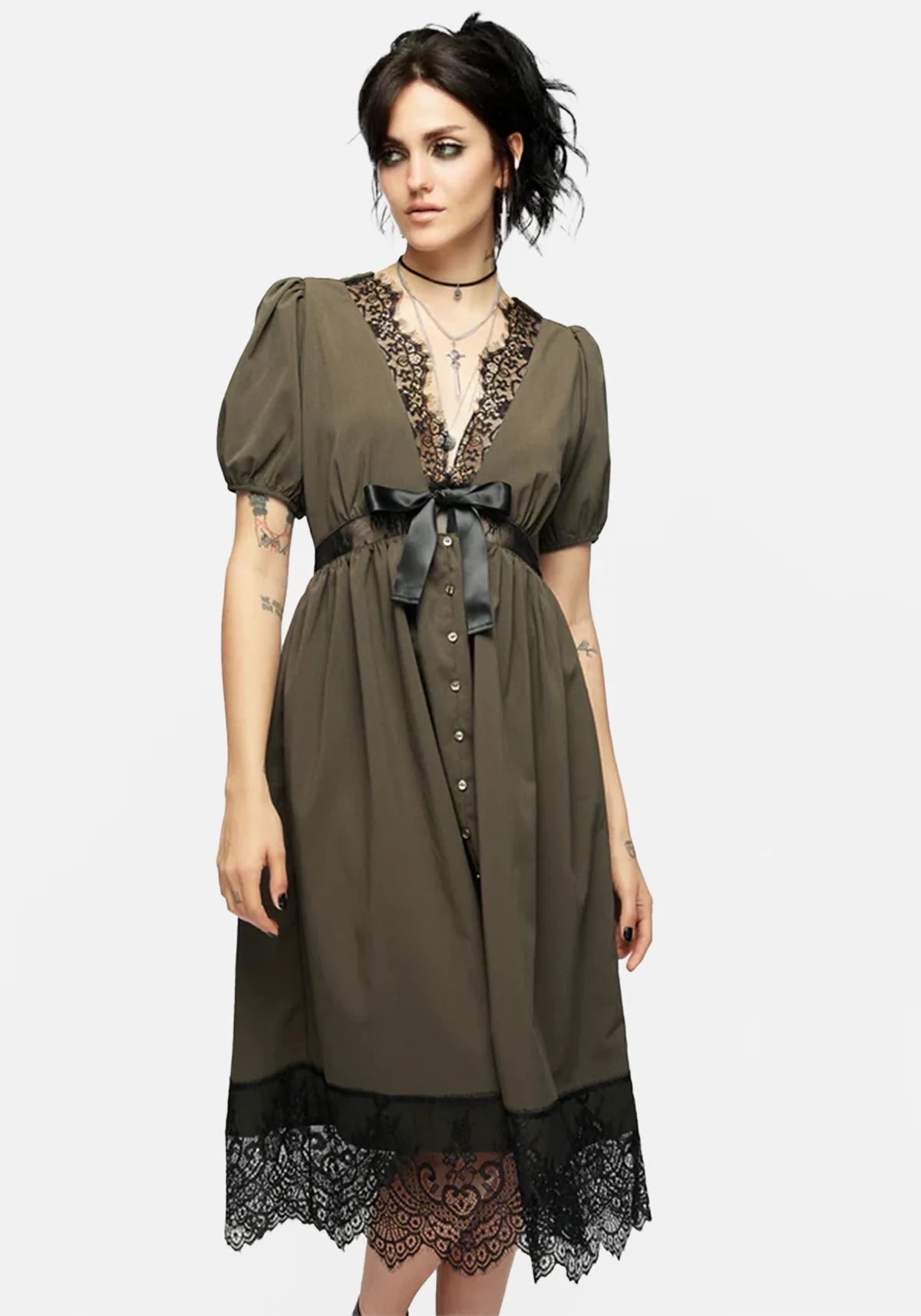 Mortuary Lace Button Up Midi Dress in Tea Leaf (Size US 8)