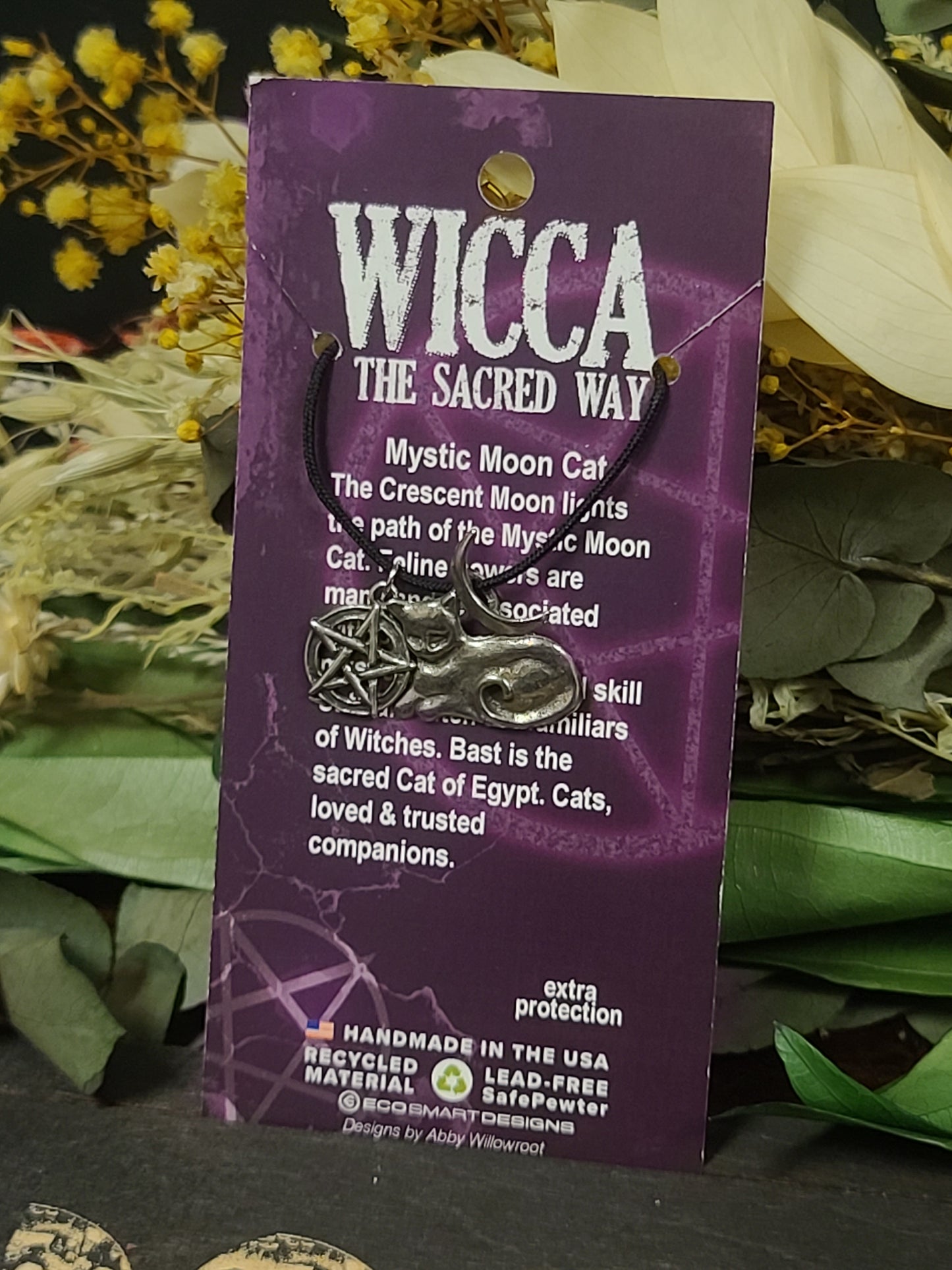 Wicca Mystic Moon Cat Pewter Necklace