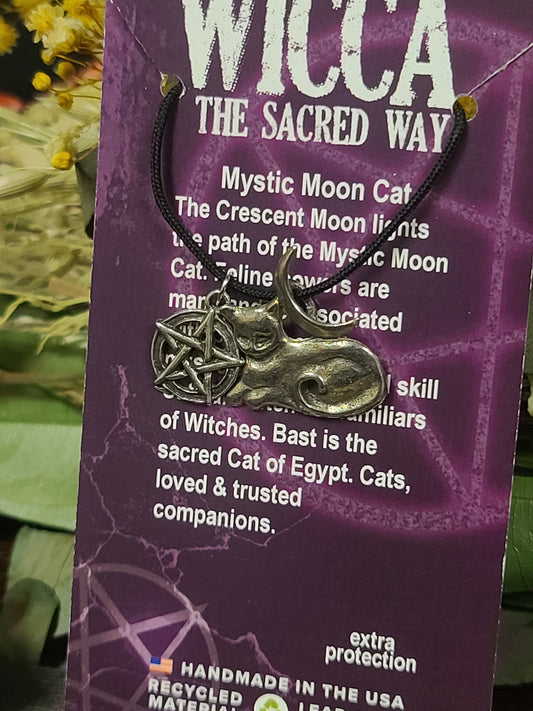 Wicca Mystic Moon Cat Pewter Necklace
